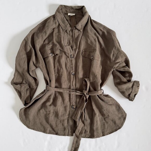 Diega Women's Top LARGE Button Down Belted Olive Green Pockets Tencel/Linen - Picture 1 of 6